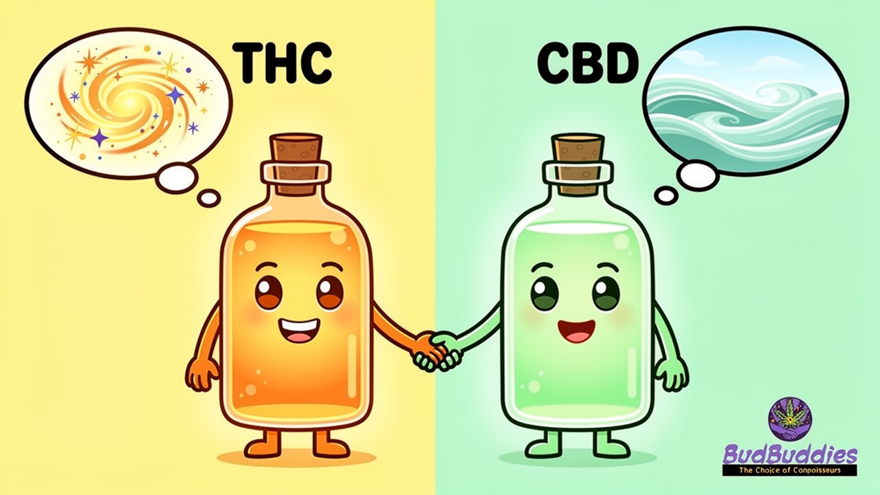 Cartoon THC and CBD bottles compared for overthinking relief