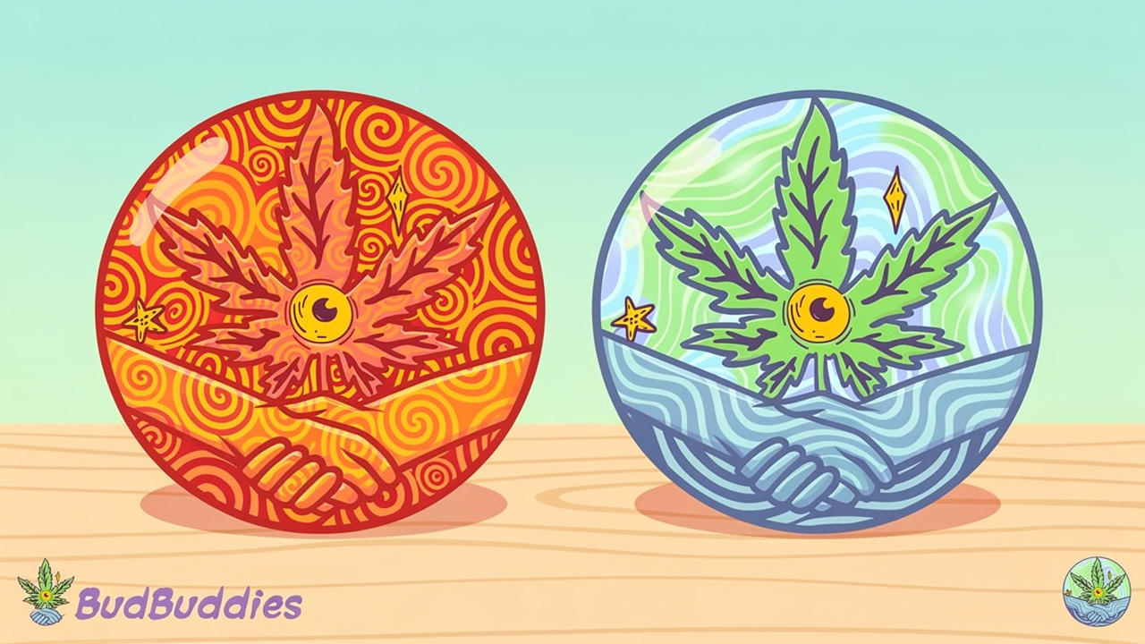 Cartoon comparison of THC and CBD cannabis products side by side