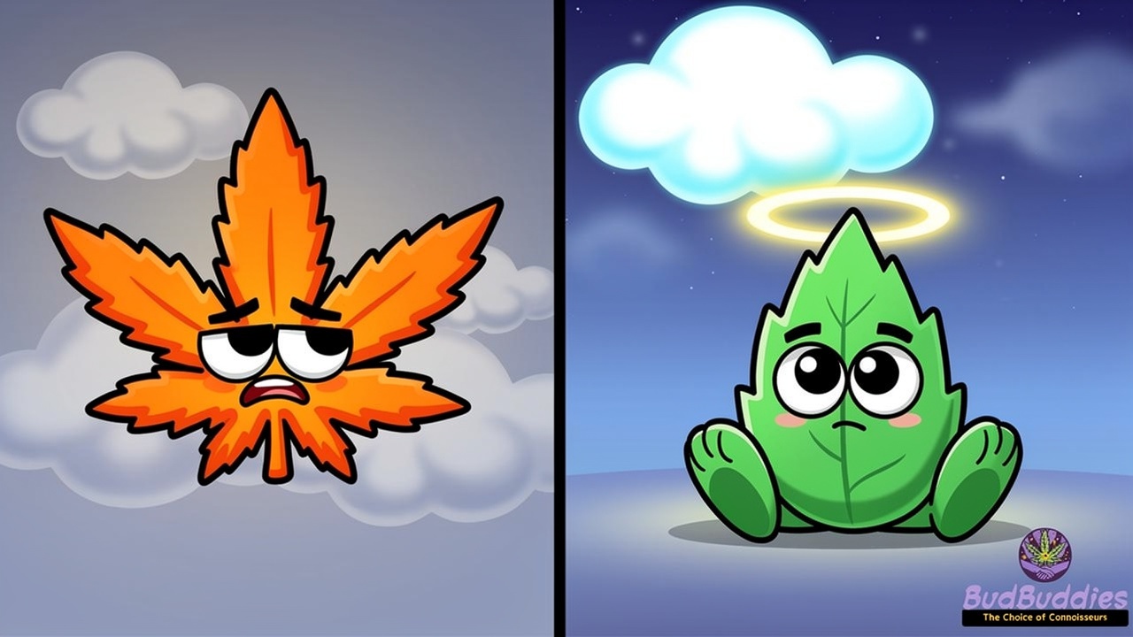 Cartoon THC and CBD leaf characters compared side by side