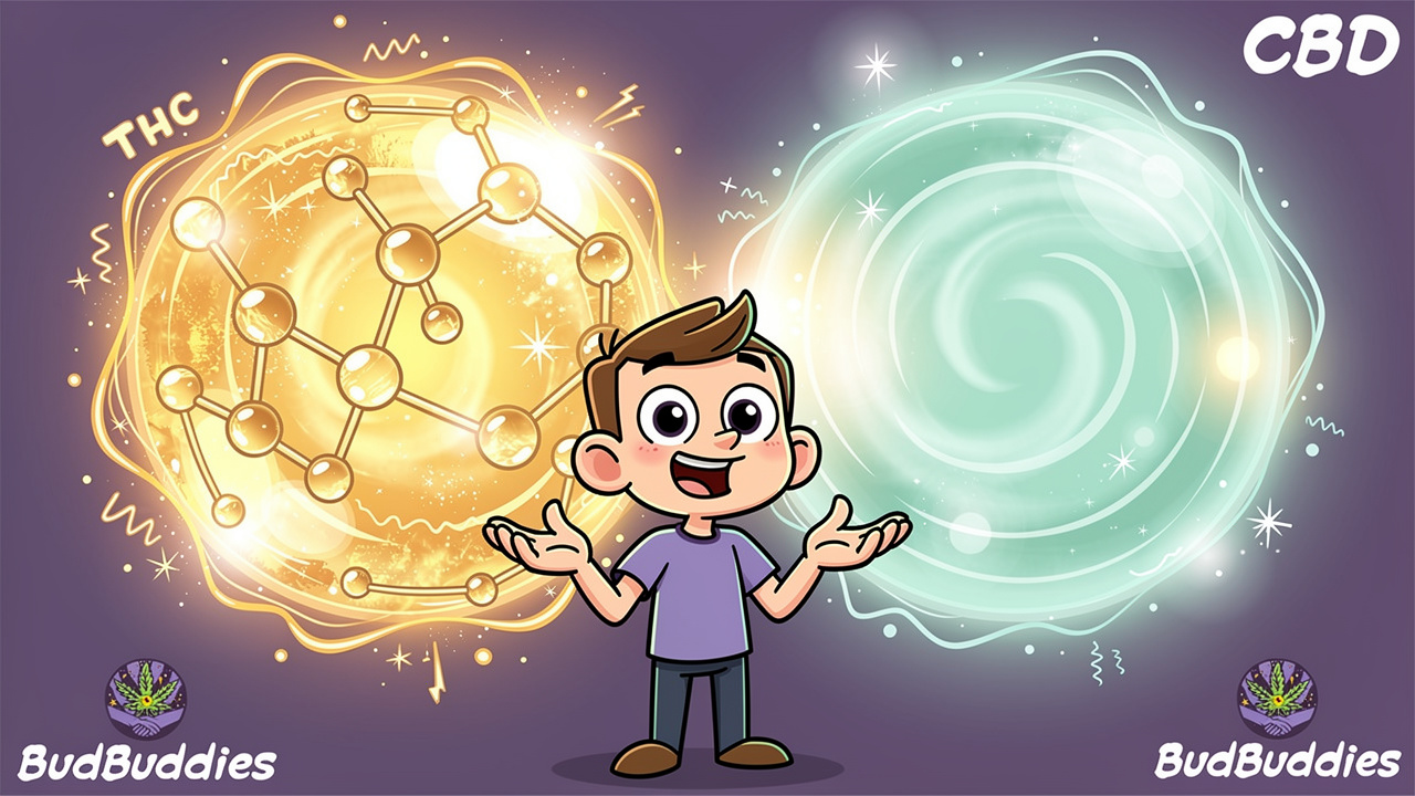Cartoon comparing THC and CBD effects on anxiety