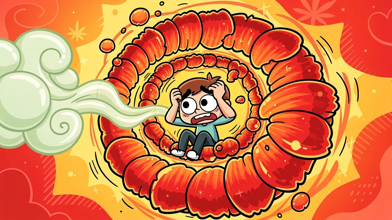 Cartoon character overwhelmed by amplified intrusive thought spirals