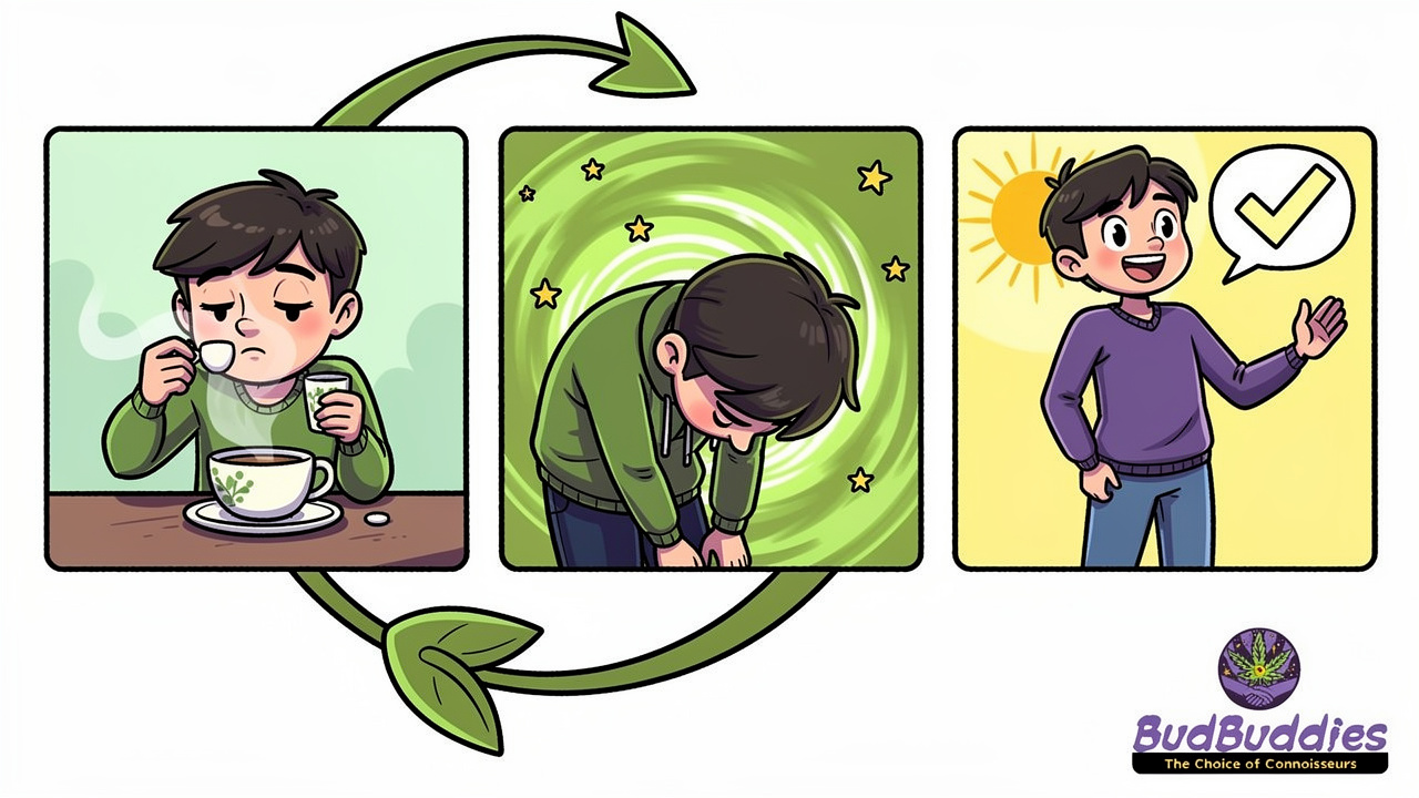 Three cartoon panels showing phases of cannabis hyperemesis syndrome