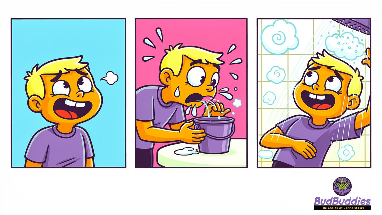 Cartoon character showing three stages of CHS symptoms