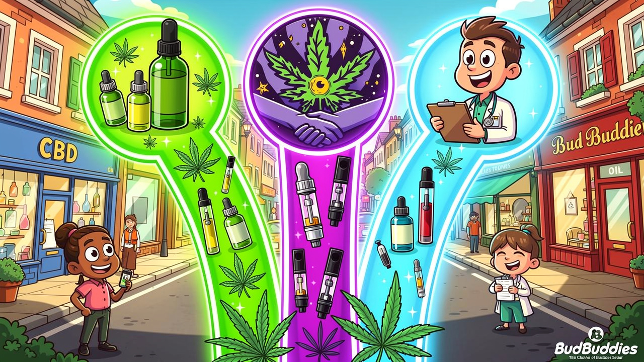 Cartoon diagram of three cannabis access routes in the UK