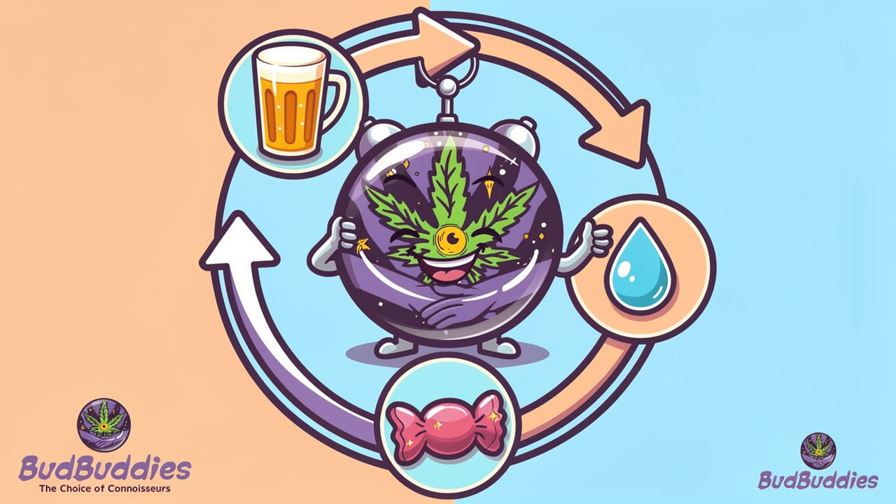 Cartoon clock illustrating timing guide for edibles after drinking
