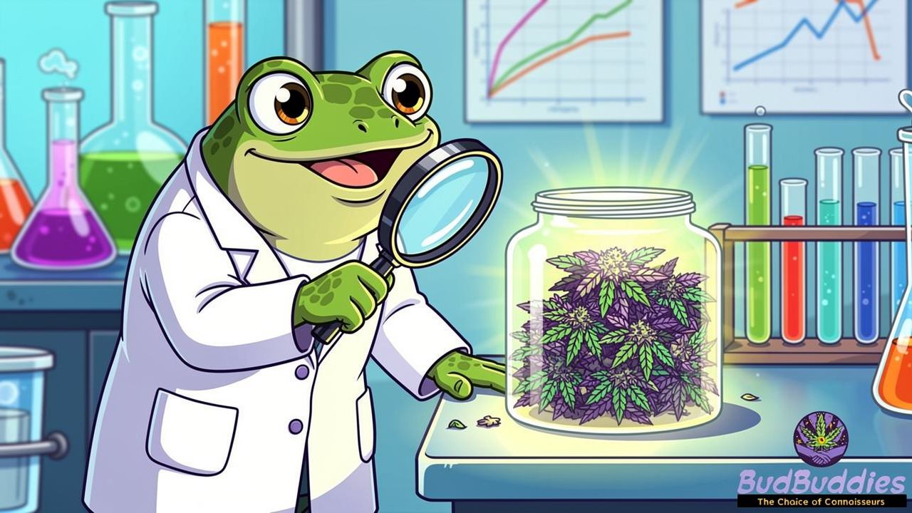 Cartoon toad scientist examining Toad Venom cannabis jar
