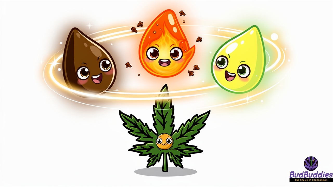 Cartoon terpene droplets representing Toad Venom aroma