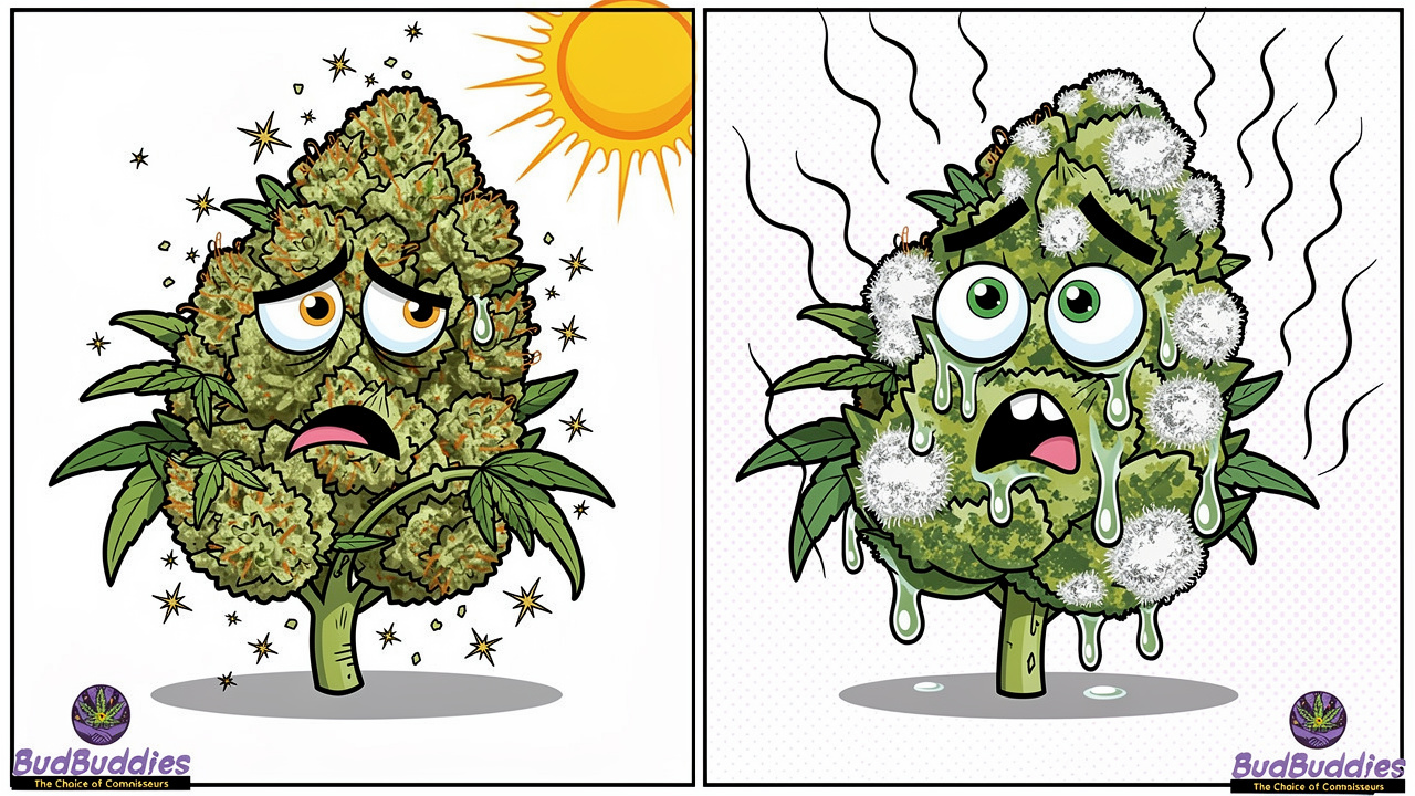 Cartoon buds showing dry and mouldy extremes