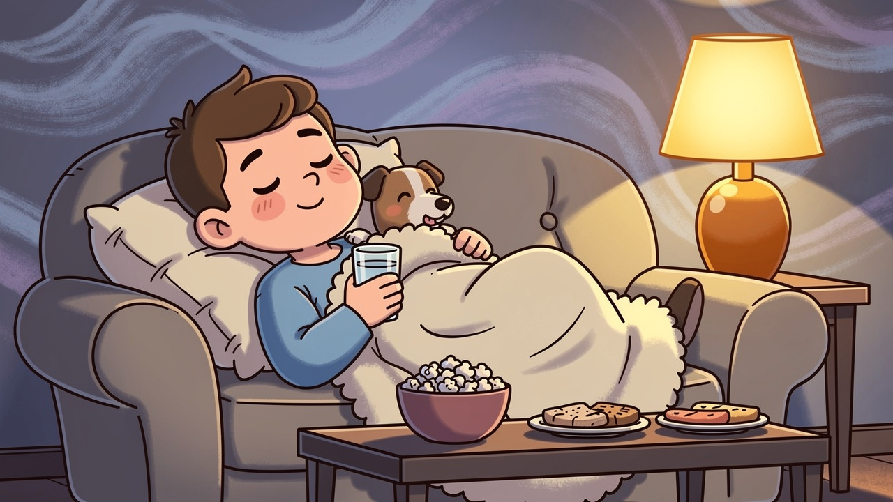Cartoon character resting calmly on sofa after too much cannabis