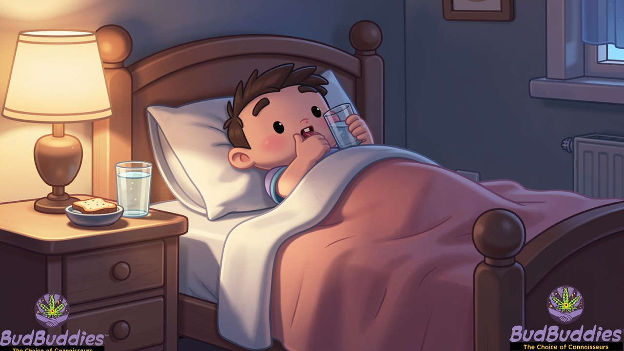 Cartoon character calmly recovering from too much cannabis in bed