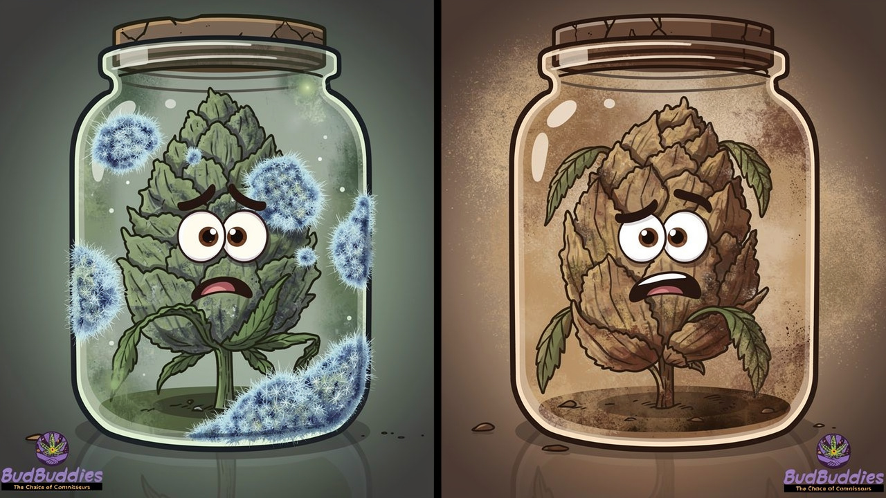 Cartoon buds showing mould risk and dry brittle cannabis