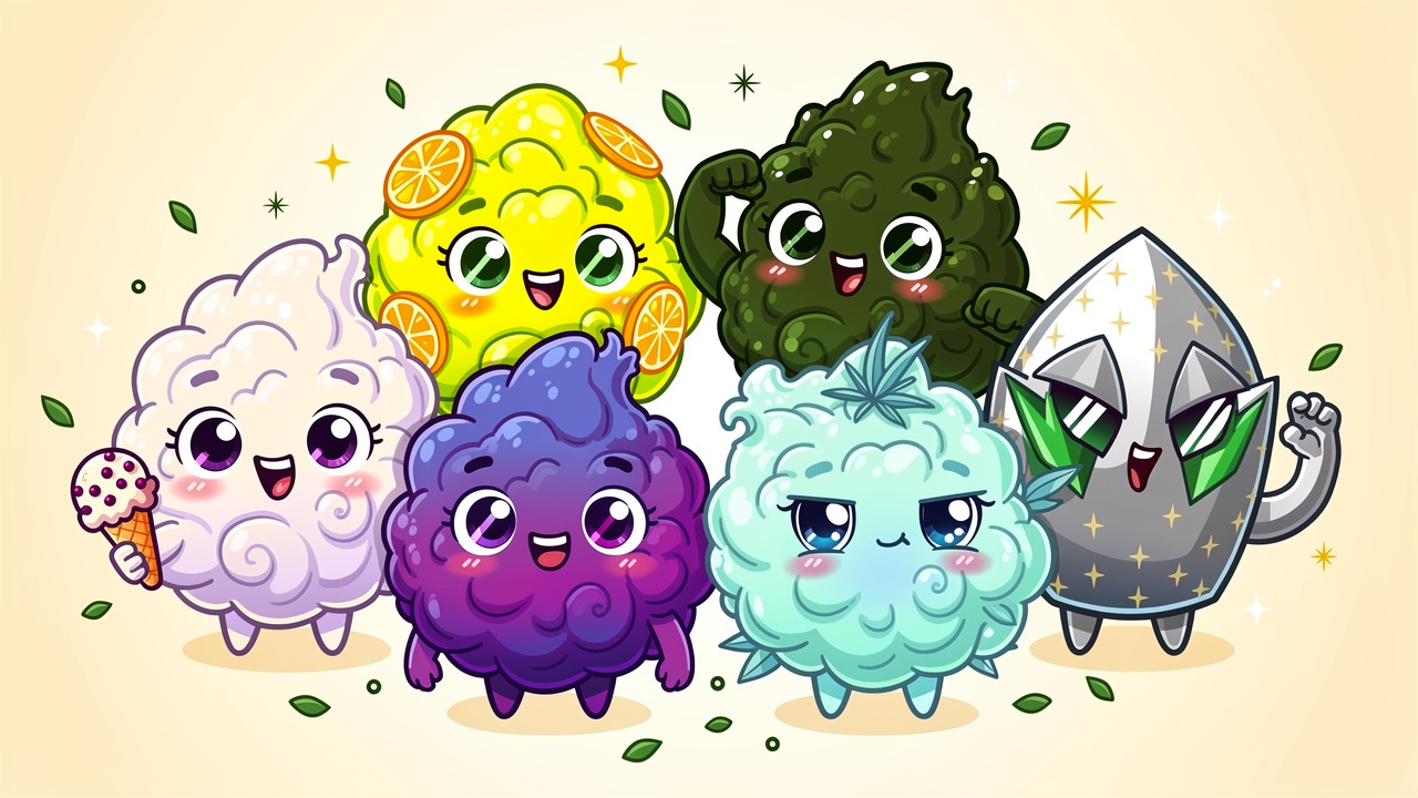 Cartoon characters representing top cannabis strain picks
