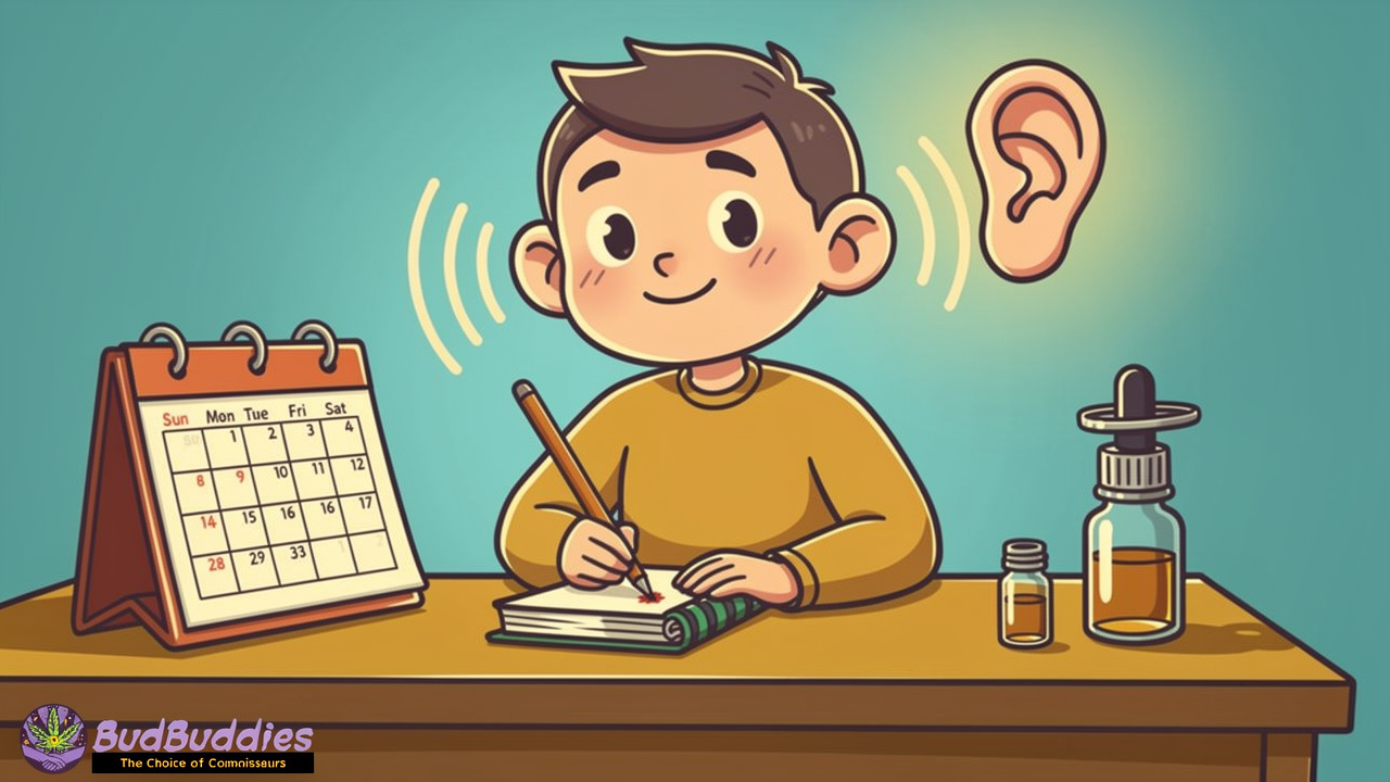 Cartoon character journaling cannabis and tinnitus effects