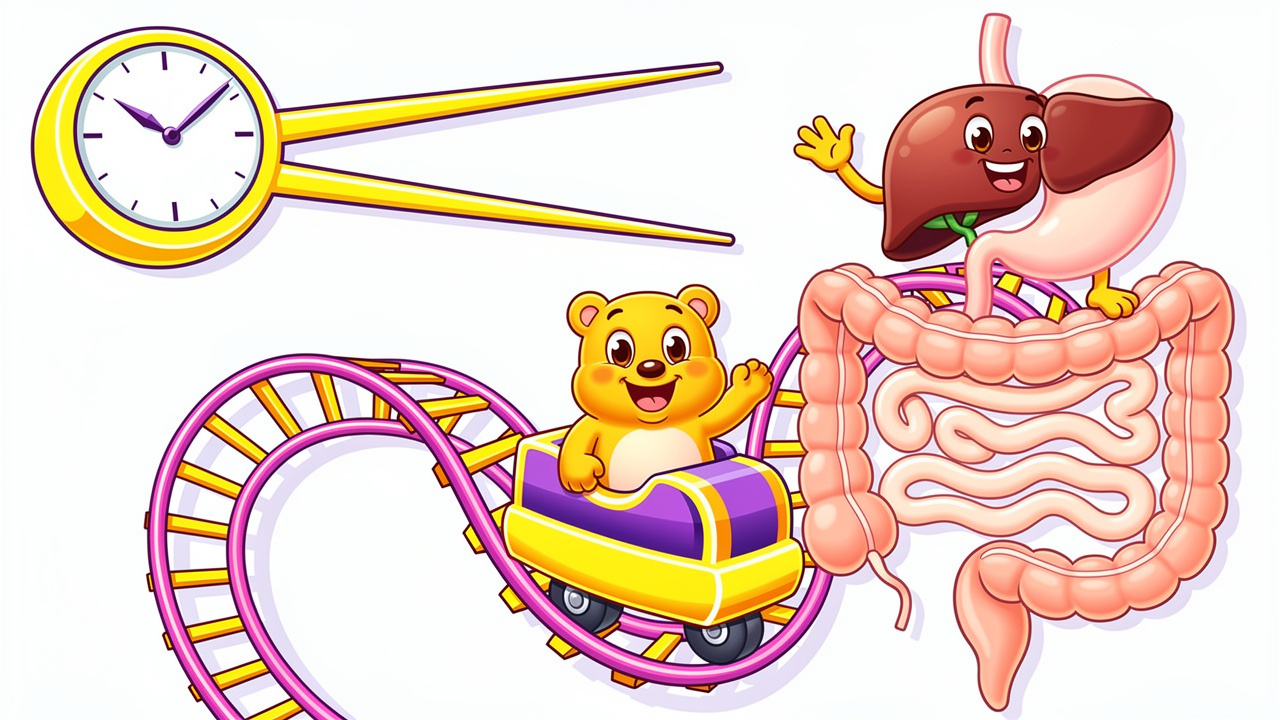 Cartoon gummy bear travelling through the digestive system