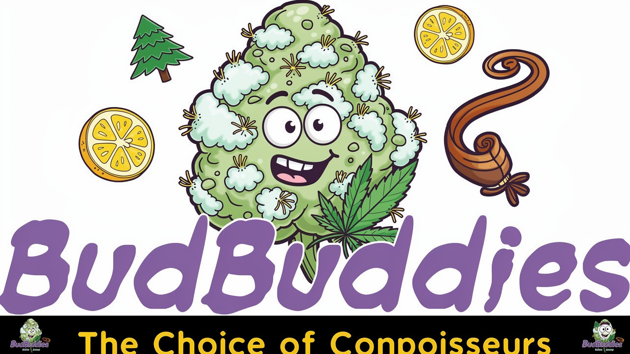 Cartoon cannabis bud with pine and citrus flavour icons