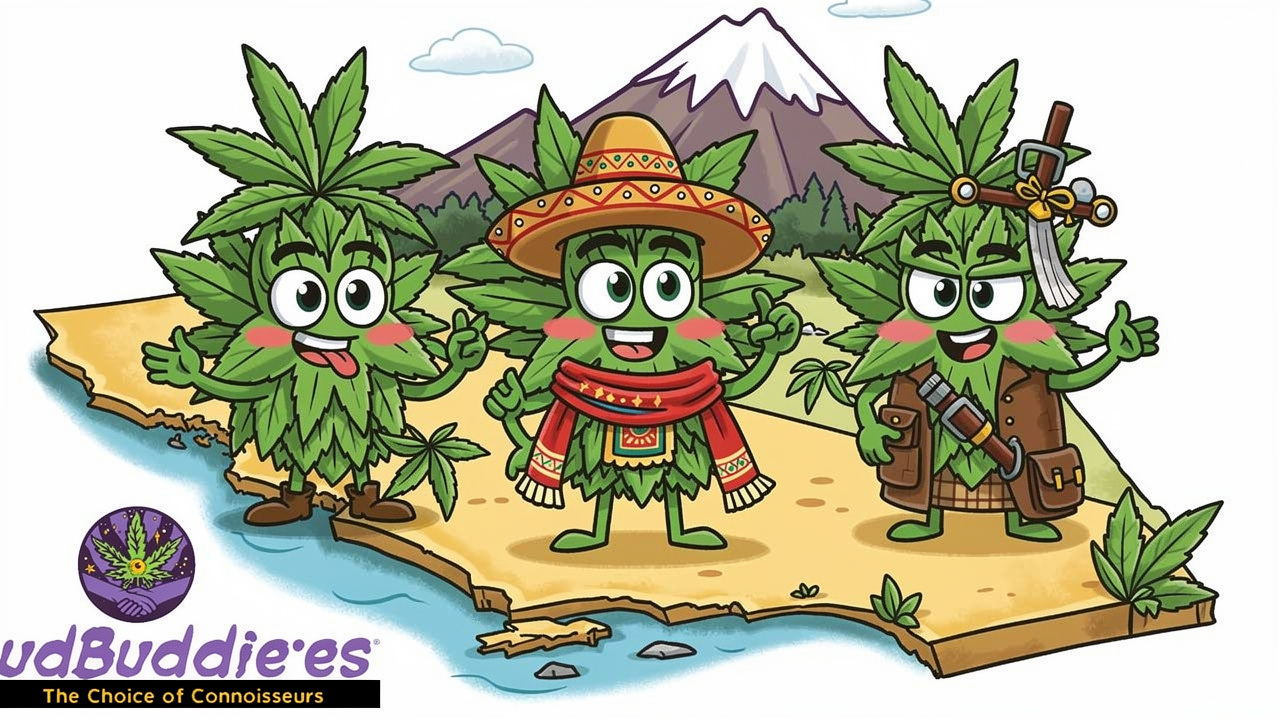 Three cartoon cannabis plants representing landrace genetics