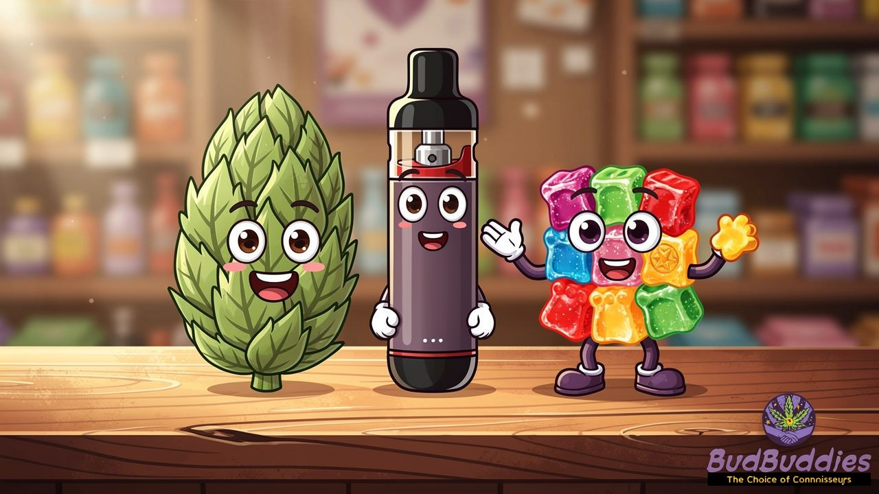 Cartoon flower, vape, and edible characters together