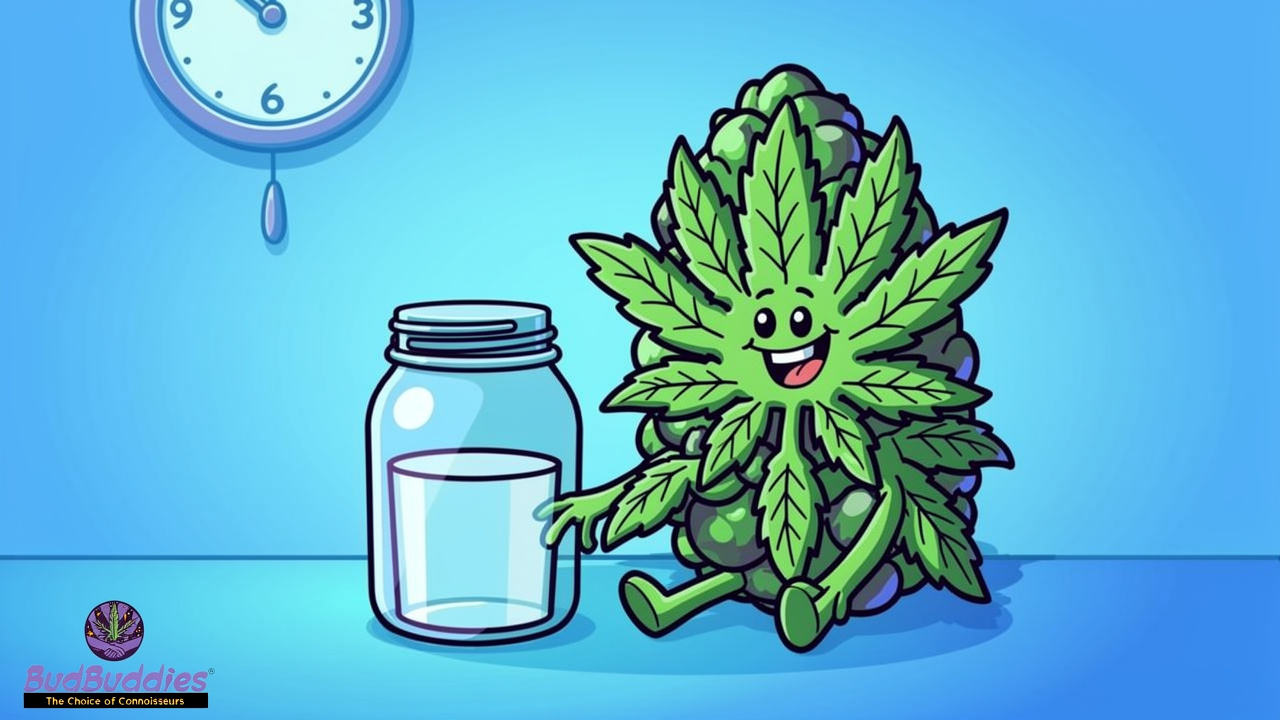 Cartoon cannabis character practising mindful, responsible use