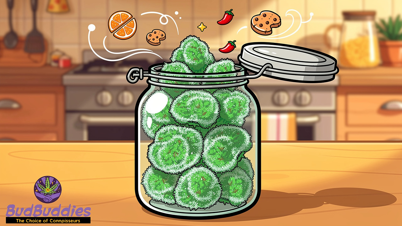 Cartoon jar of Tropicana Cookies buds releasing citrus aroma
