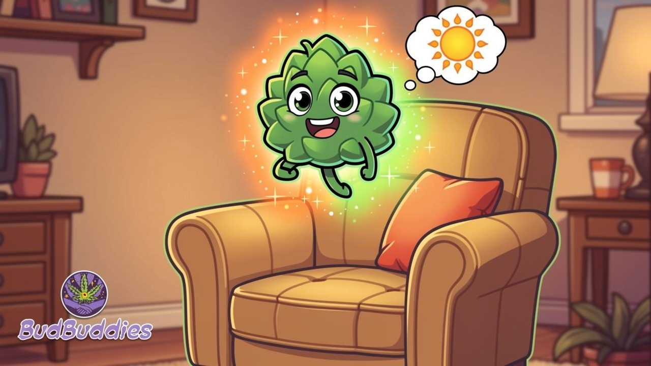 Cartoon depiction of uplifting Tropicana Cookies cannabis effects