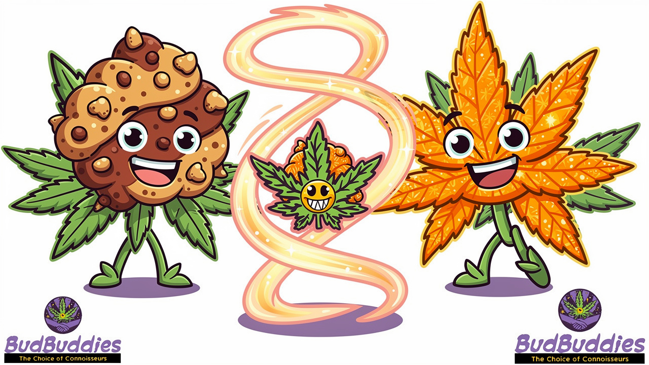 Cartoon Girl Scout Cookies and Tangie parent strains illustration