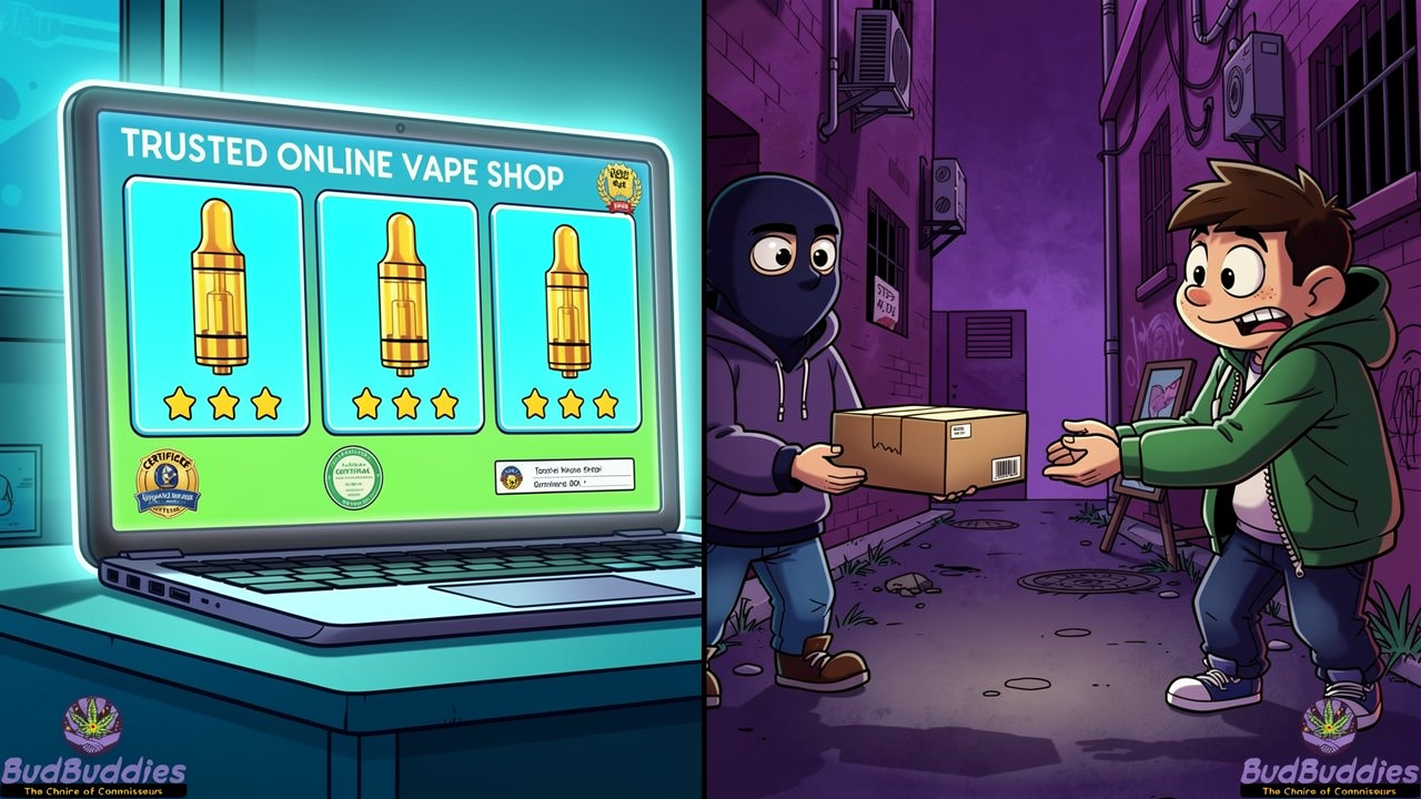 Cartoon comparing safe online vape shop versus street seller source