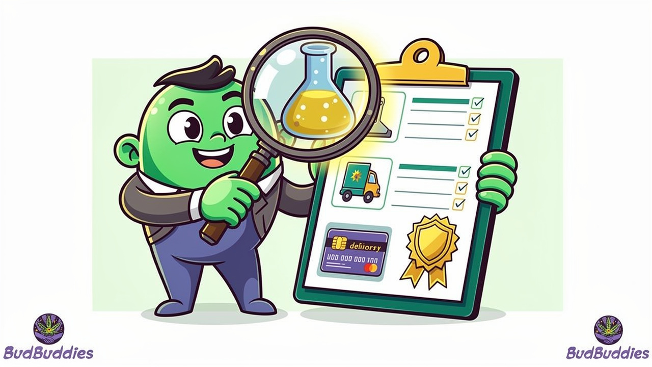 Cartoon character checking trustworthiness signs of cannabis retailers