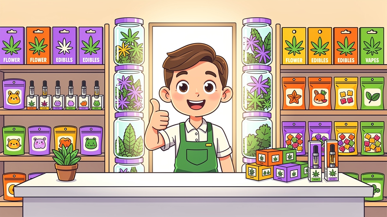 Cartoon cannabis shop with organised products and happy assistant