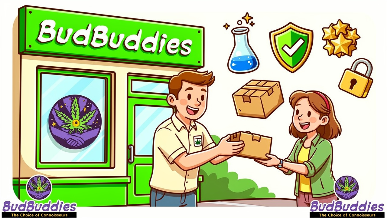 Friendly cartoon cannabis shop with trustworthy delivery service