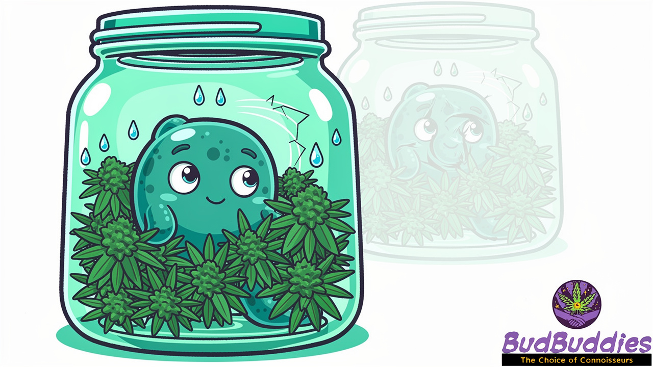 Cartoon humidity pack keeping cannabis jar balanced