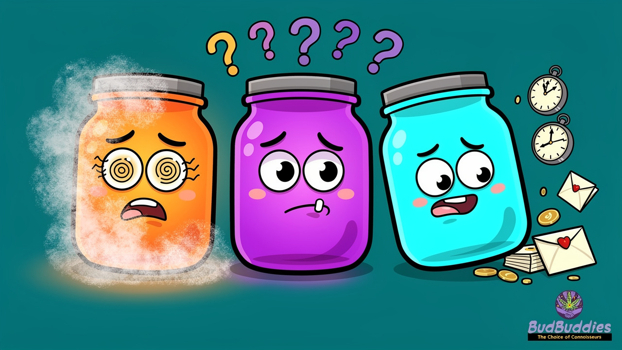Three cartoon memory jars showing different memory types affected by cannabis