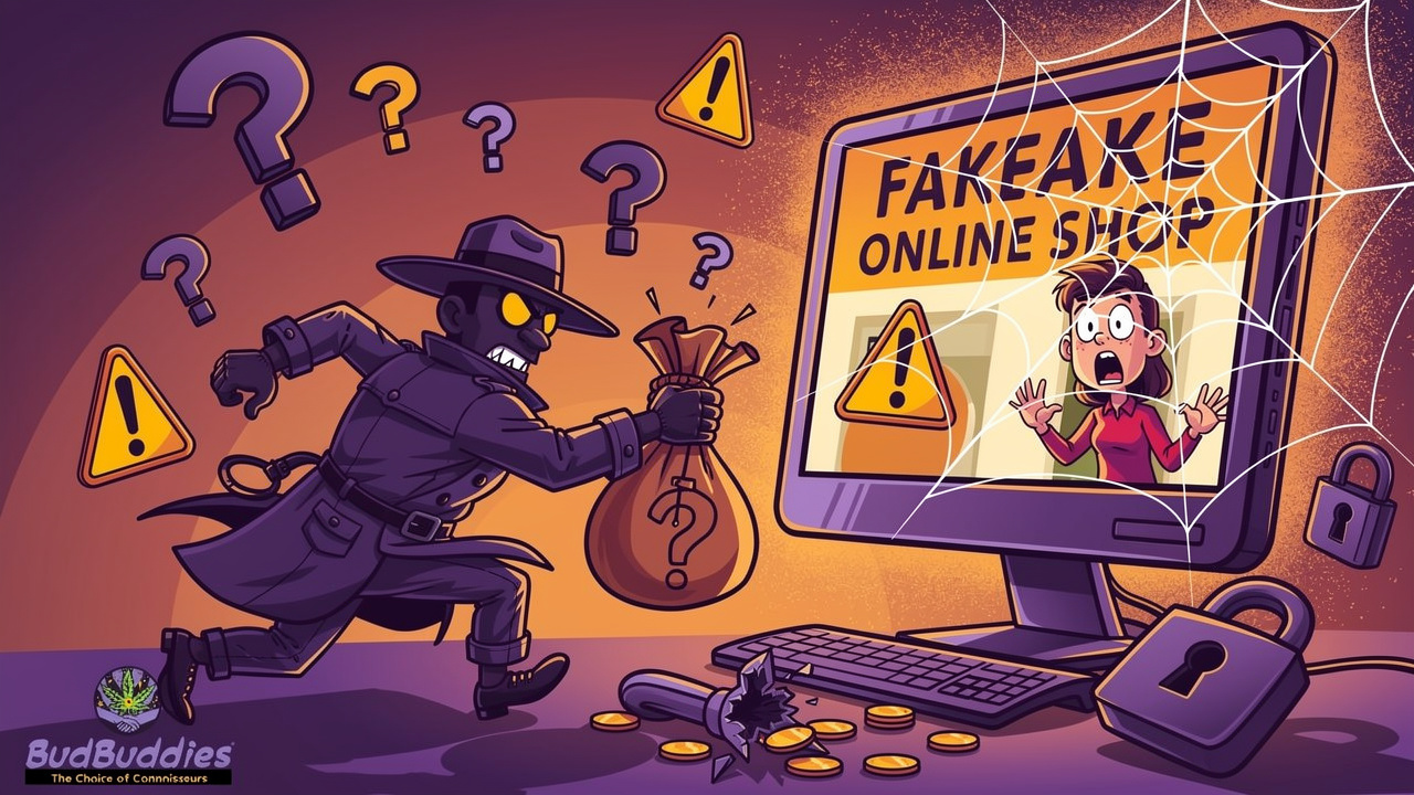 Cartoon villain stealing money from a fake cannabis website