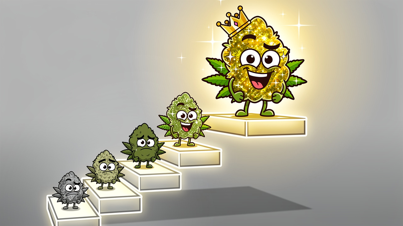 Cartoon staircase showing UK cannabis quality tiers from piff to mids