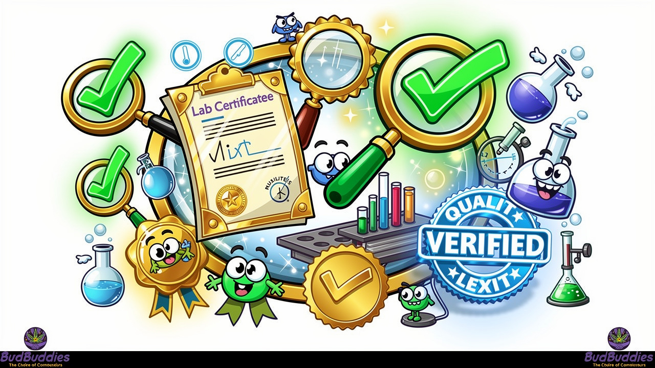 Cartoon quality badges and trust markers for cannabis products