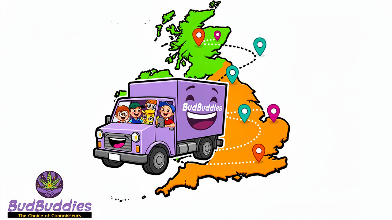 Cartoon delivery truck on UK and Ireland map showing coverage