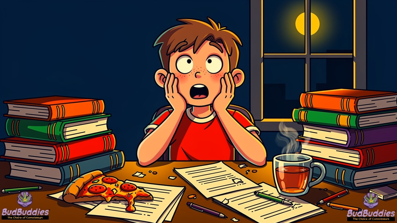 Cartoon UK student overwhelmed by university deadlines at night