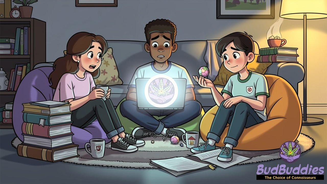 Cartoon students feeling stressed in shared university accommodation