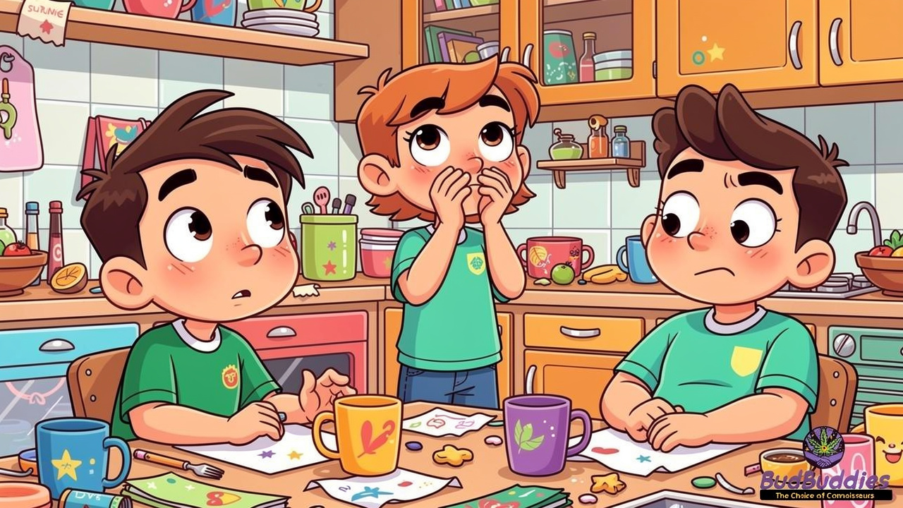 Cartoon housemates reacting differently to cannabis smell in kitchen
