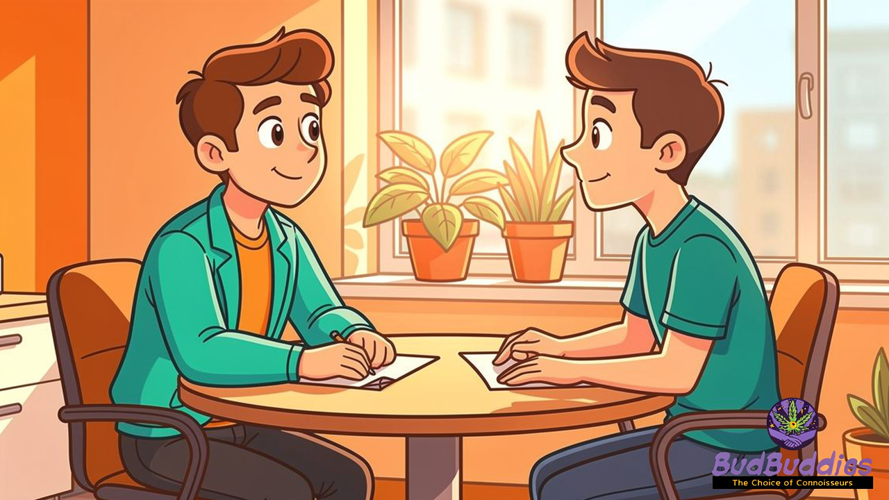 Cartoon student meeting with university residential officer calmly