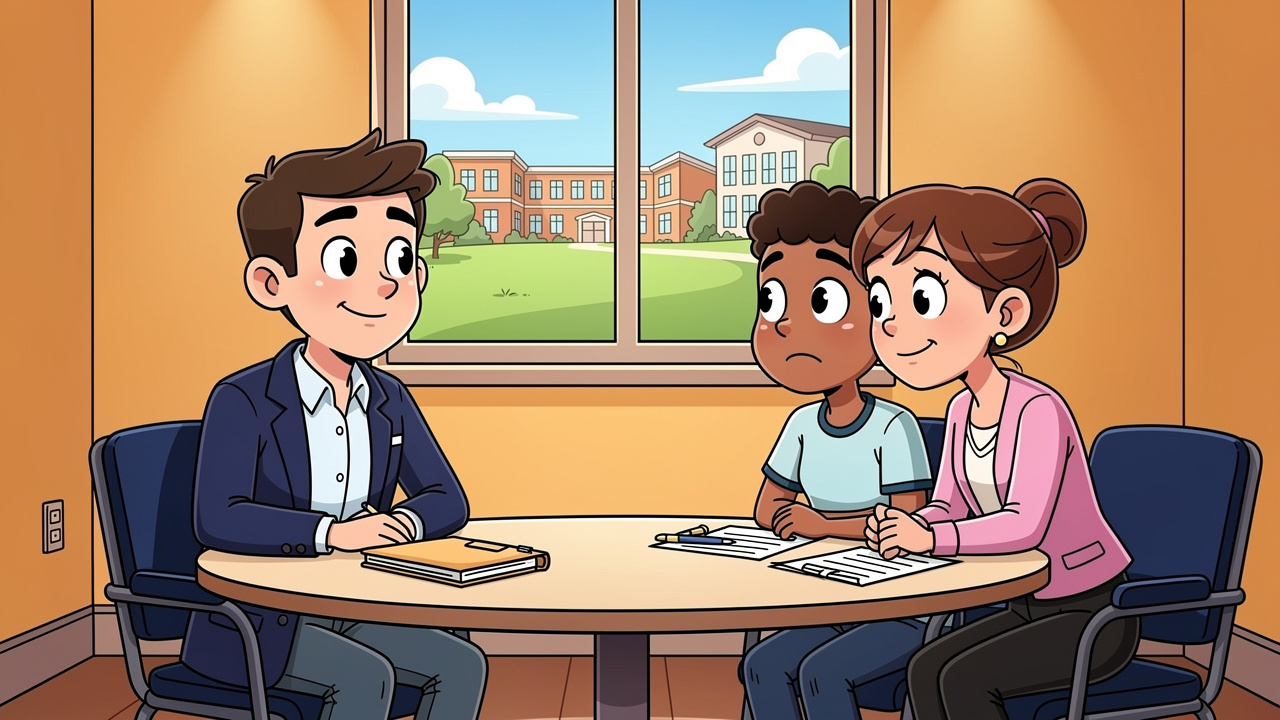 Cartoon student and adviser at university disciplinary hearing table