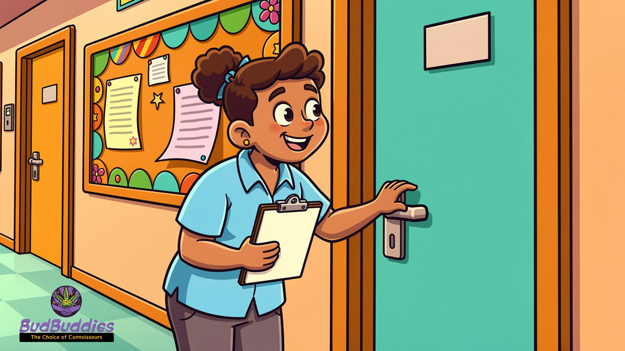 Cartoon university warden knocking on a student's door