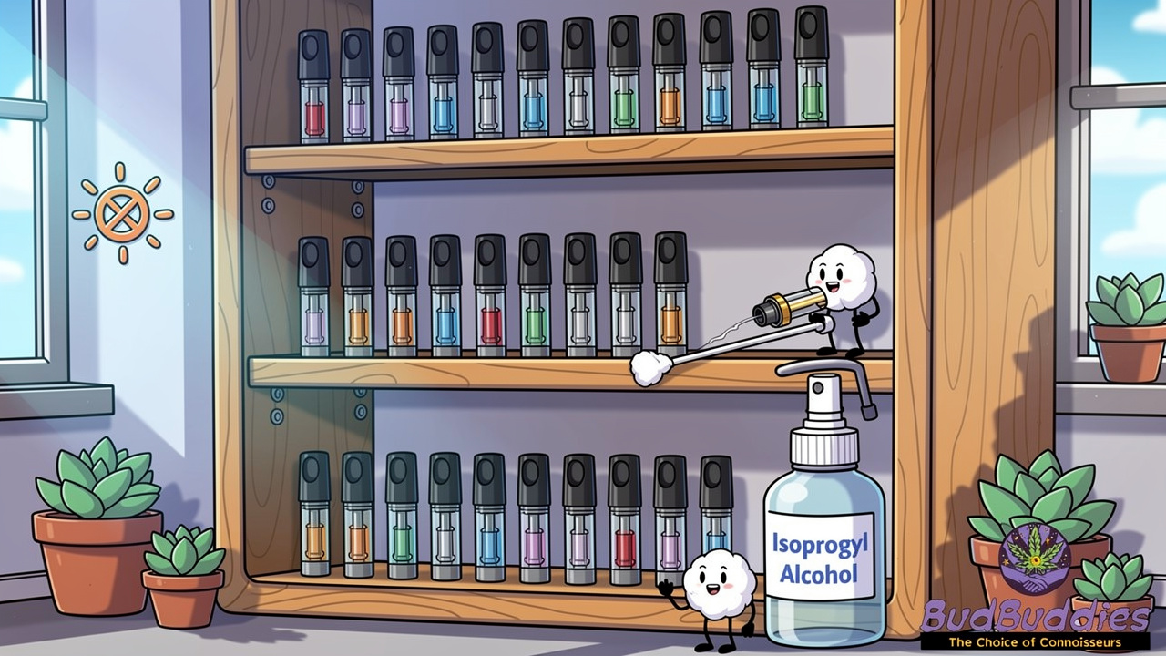 Cartoon shelf showing proper vape cartridge storage and care