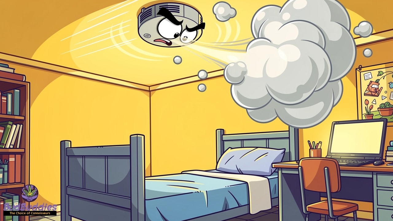Cartoon vape cloud drifting towards a panicked smoke alarm