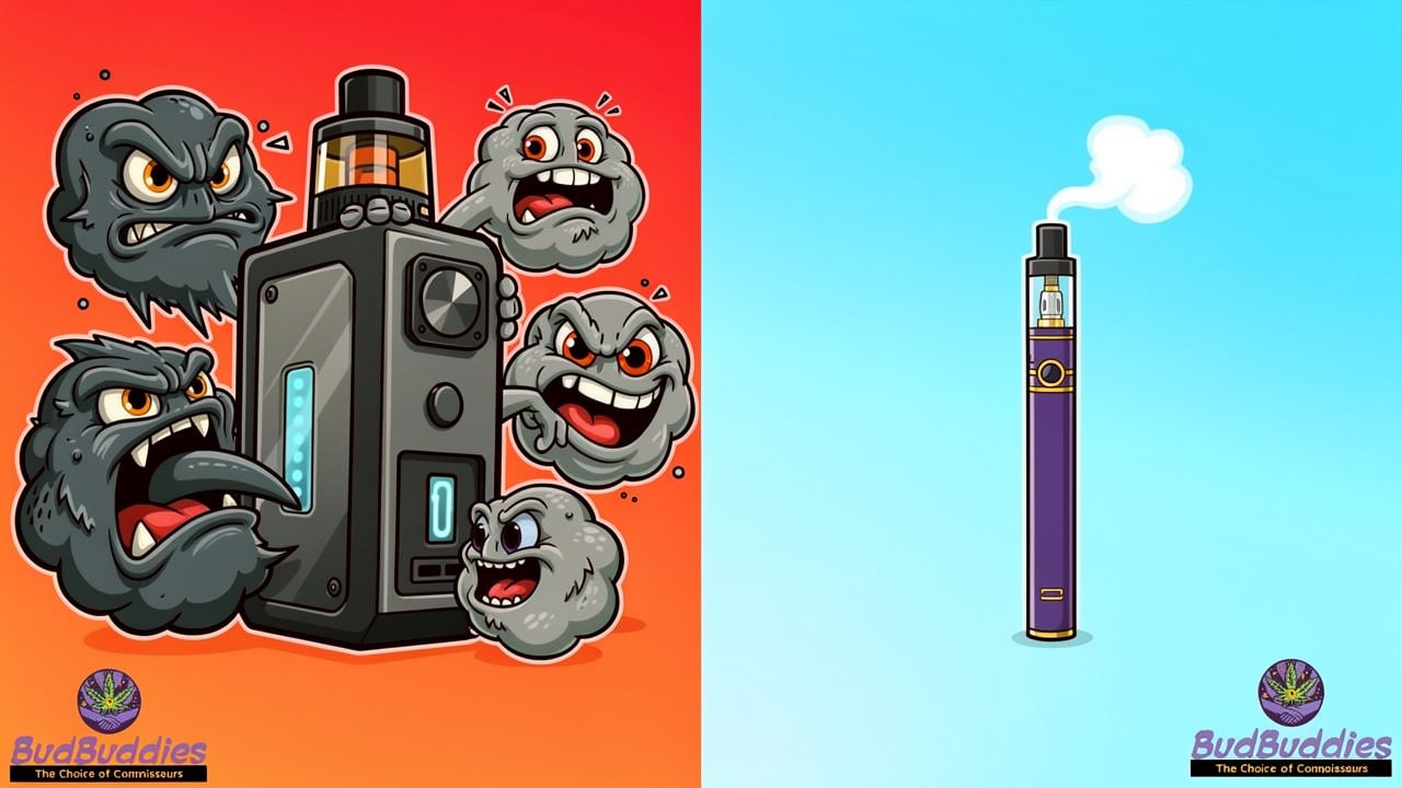 Cartoon comparison of large mod clouds versus slim pen vapour