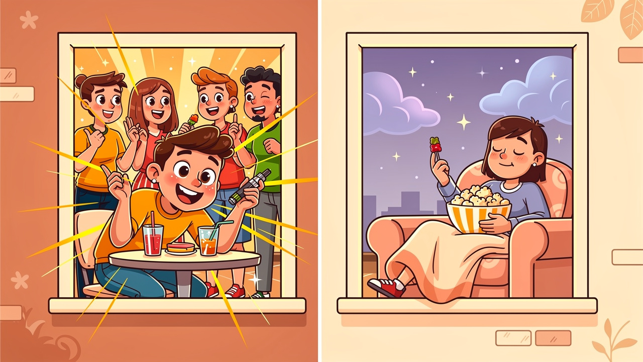 Cartoon showing when to choose vapes versus edibles for cannabis
