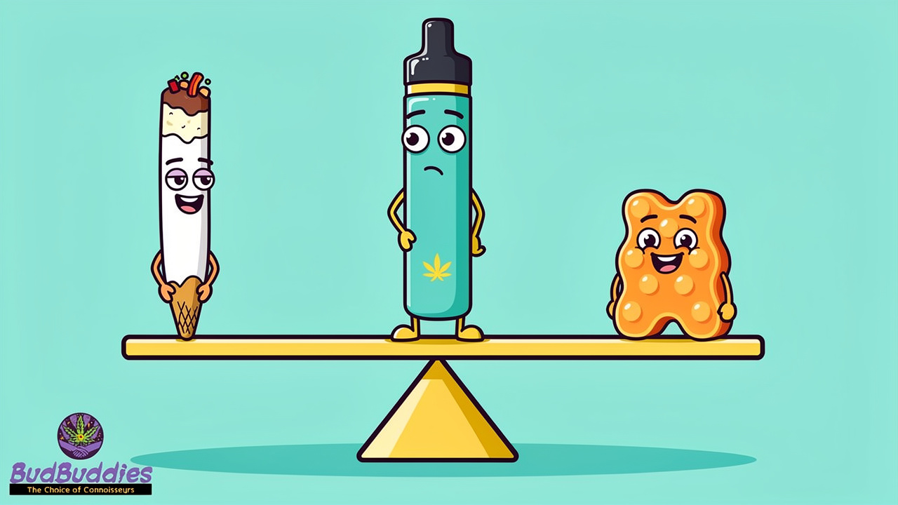Cartoon vape pen balanced between smoking and edibles