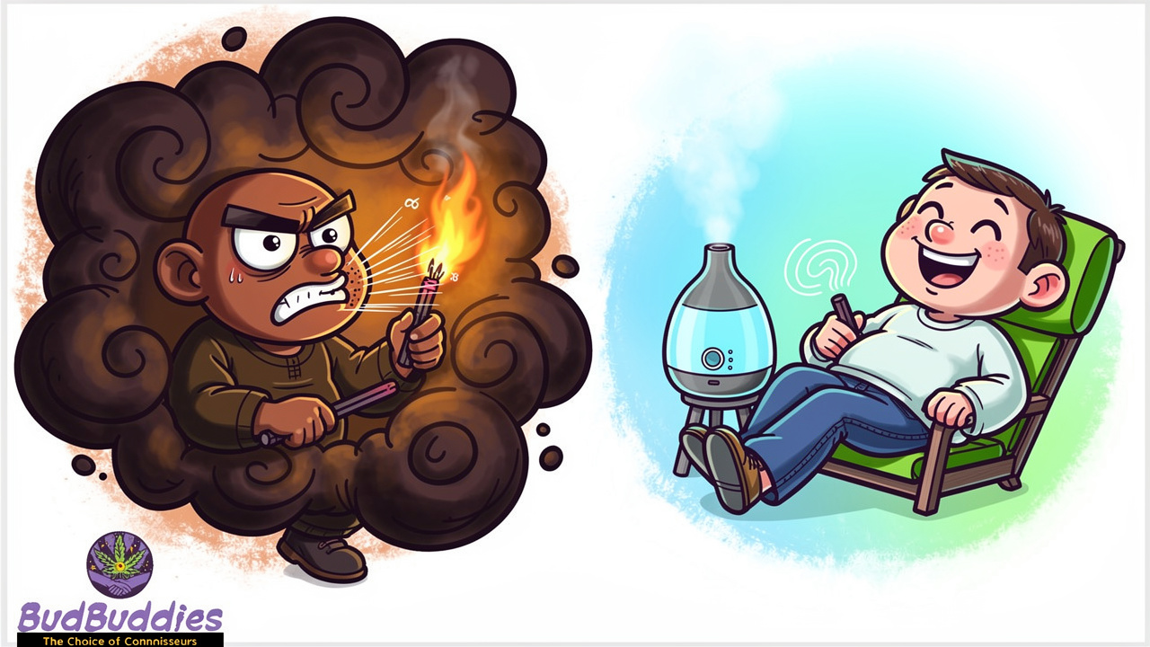 Cartoon comparing dry herb vaping odour versus smoking smell