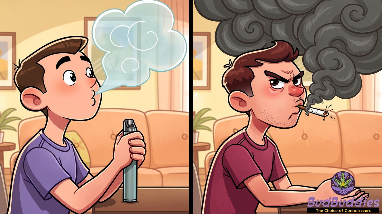 Cartoon comparison of dry herb vapour versus cannabis smoke