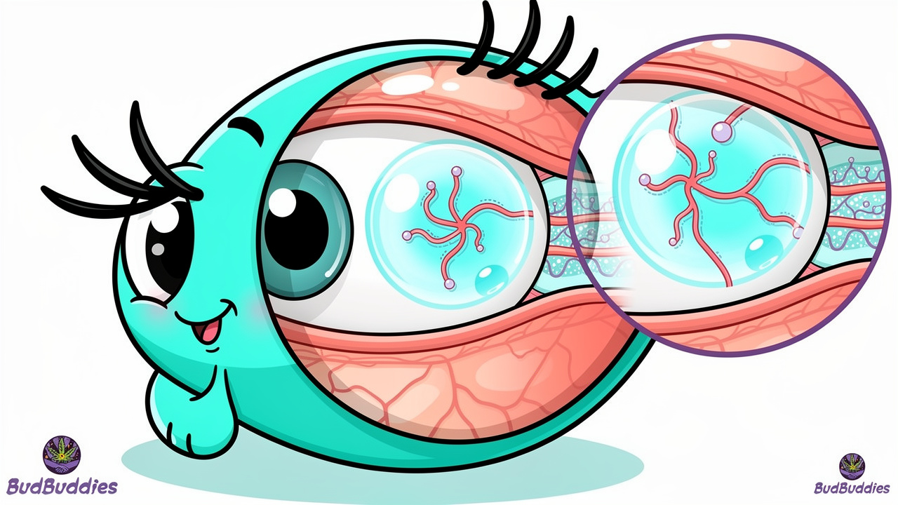 Cartoon diagram of blood vessels widening in the eye