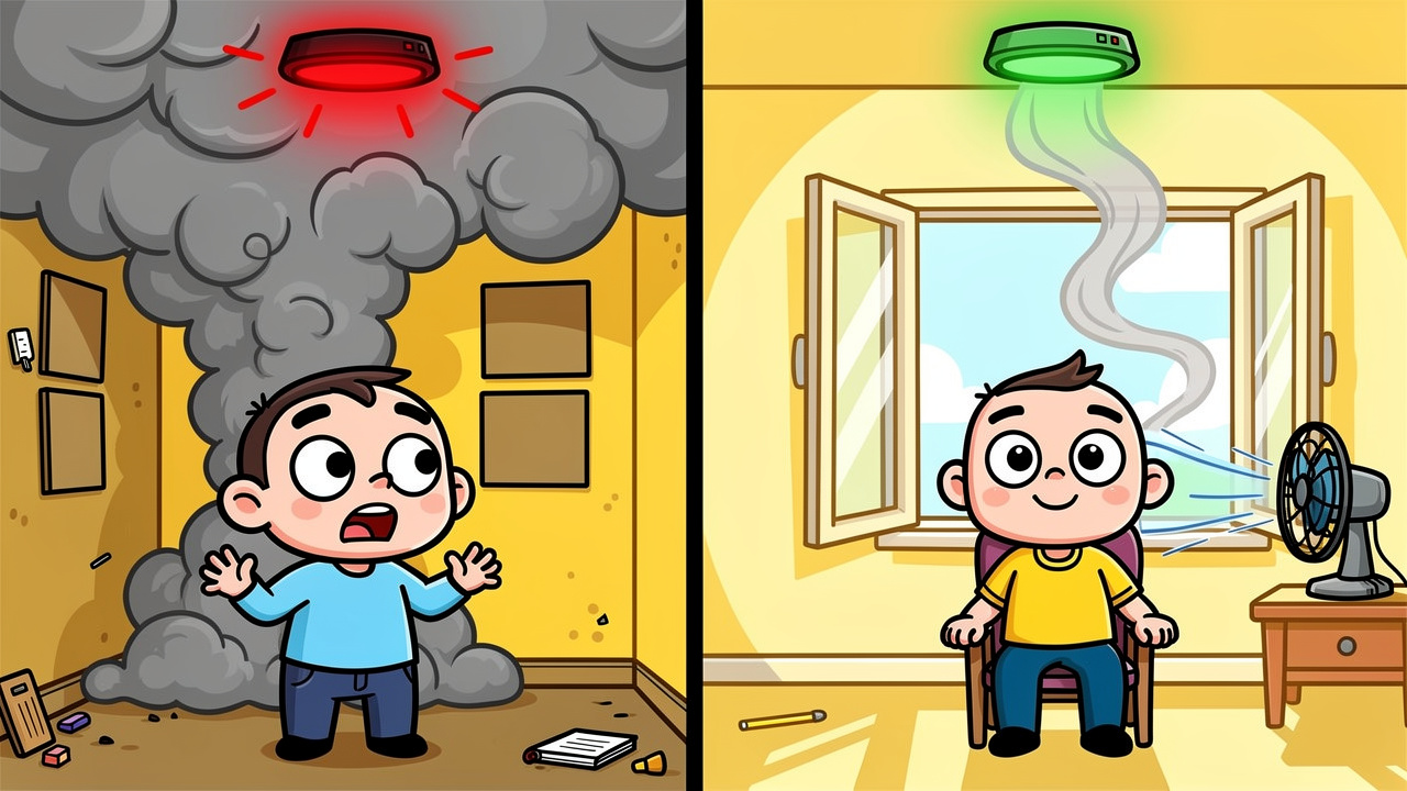 Cartoon showing poor versus good room ventilation and smoke